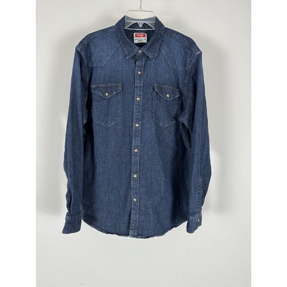 Wrangler Other - Wrangler Pearl Snap Button Denim Button Up Shirt Blue Indigo Mens XL